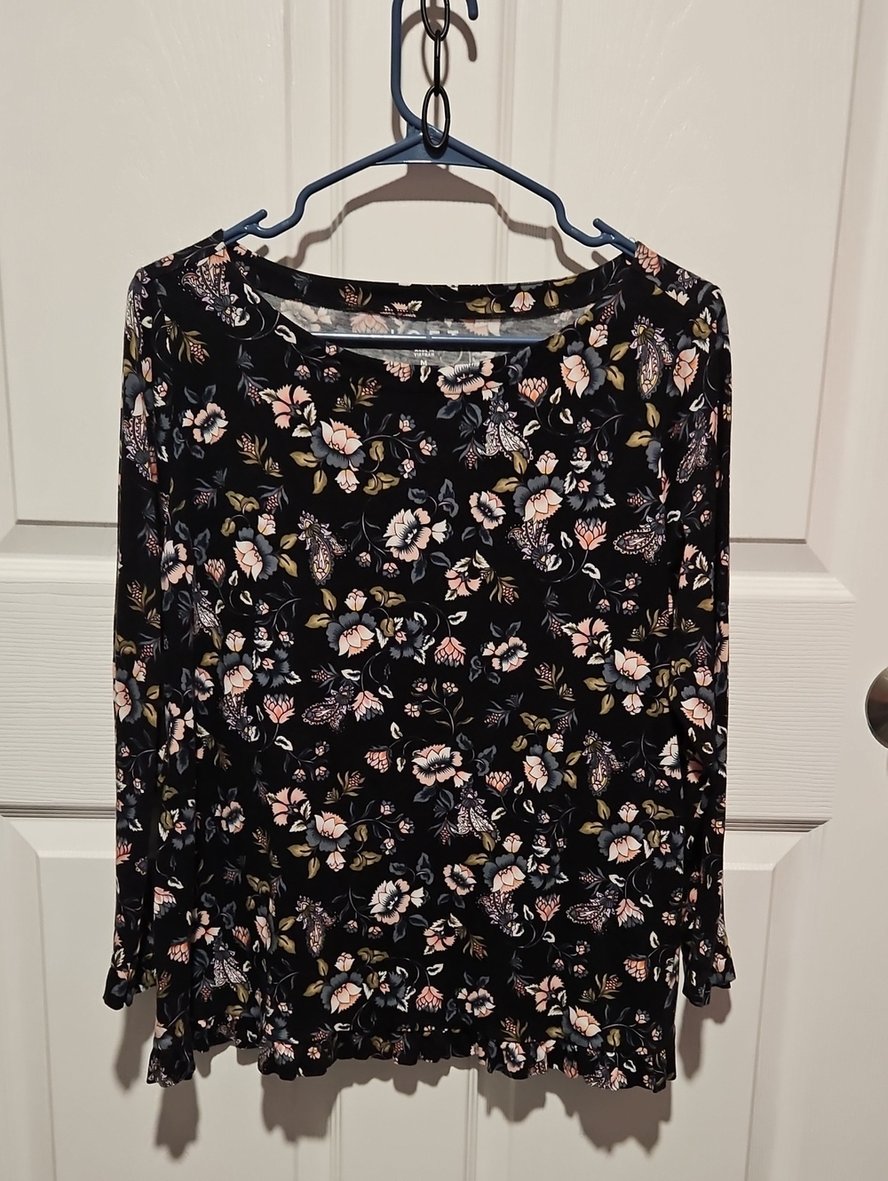 LOFT Black Floral Long Sleeve Tee with Ruffle Hem